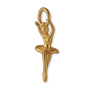 May include: A gold-colored pendant in the shape of a ballerina. The ballerina is depicted with arms raised, wearing a tutu, and standing en pointe. The pendant has a loop at the top for attaching to a chain or bracelet.