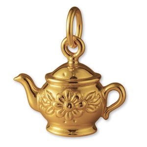 May include: A gold teapot charm with a floral pattern. The charm has a loop for attaching to a chain. The teapot has a handle and a spout. This jewellery charm is a great gift for tea lovers. The charm is approximately 2.5 cm in height.