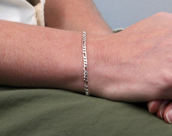 Bracelet chaîne Figaro 3:1 en argent sterling - Argent massif 925 - Haute brillance - Bracelet / chaîne de cheville en argent véritable pour femme et homme - 19 cm / 7,5 po.