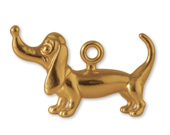 Solid 9ct Yellow Gold Whimsical Dachshund Dog Charm - Animal Charms - 9k / 375 Gold Charms for Necklaces, Bracelets and Earrings