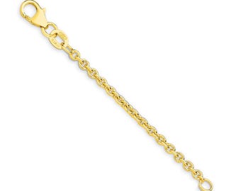 May include: A yellow gold chain extender featuring a series of polished round links and a secure lobster claw clasp at one end. The metal surface is smooth and reflective, showcasing a classic cable link design for jewelry adjustment.
