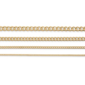 May include: Four gold-toned metal chains arranged horizontally in parallel rows. Each chain features a classic curb link design, with the thickness of the links decreasing progressively from the top chain to the bottom chain.