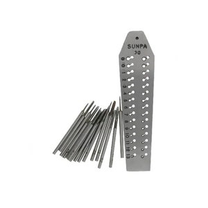 May include: A set of 13 metal drill bits and a metal gauge with a range of 0 to 13 mm. The gauge is labelled "SUNPA 30".