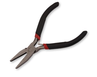 May include: Needle-nose pliers with black cushioned handles and red accents. The metal tool has long, tapered jaws and is designed for precision work. The pliers are open, ready for use, and set against a white background.