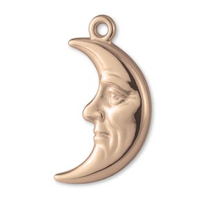 Solid 9ct Rose Gold Sad Crescent Moon Charm - Fantasy & Celestial Charms - 9k / 375 Pink Gold Necklace, Bracelet and Earring Charm