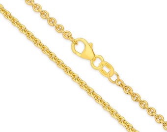 May include: A yellow gold cable chain necklace featuring round interlocking links. The chain includes a lobster claw clasp and a small rectangular tag stamped with the text 750 and ITALY, indicating the gold purity and origin.