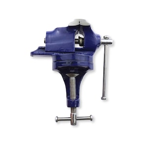 May include: A blue metal bench vise featuring a silver-colored threaded screw mechanism, a rotating handle, and a top jaw assembly. The tool includes a vertical mounting clamp with a silver threaded rod and a T-shaped handle for secure attachment.