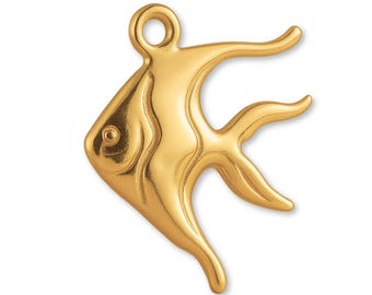 May include: A gold-toned metal charm shaped like an angelfish with a smooth, polished surface. The fish features a circular loop at the top for attachment, a defined eye, and elongated, flowing fins that extend toward the right side.