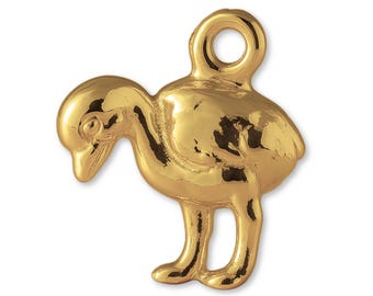 May include: A polished gold-tone metal charm shaped like a small bird, likely a duckling or gosling, with its head bowed downward. The charm features a smooth, reflective surface and includes a circular loop at the top for attachment.