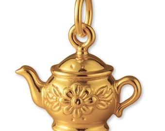 Solid 24ct Pure Gold Ornate Teapot Charm - Objects & Trinket Charms - 9999 24k Fine Gold Necklace, Bracelet and Earring Charm