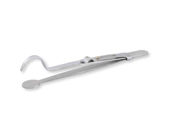 May include: A silver-colored metal tool featuring a long, slender handle with a flat, circular textured tip at one end and a curved, hook-like extension attached to the main body by a small screw mechanism, creating a specialized instrument.