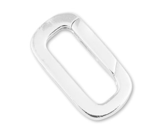 May include: A silver-toned metal carabiner with a rectangular shape and rounded corners. The carabiner features a spring-loaded gate mechanism on one of the long sides, allowing it to open and close securely for attachment purposes.