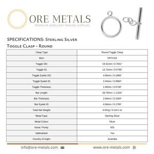 May include: Sterling silver round toggle clasp with a bar length of 28.79 mm (1.1334 inches) and a toggle diameter of 19.41 mm (0.7641 inches).