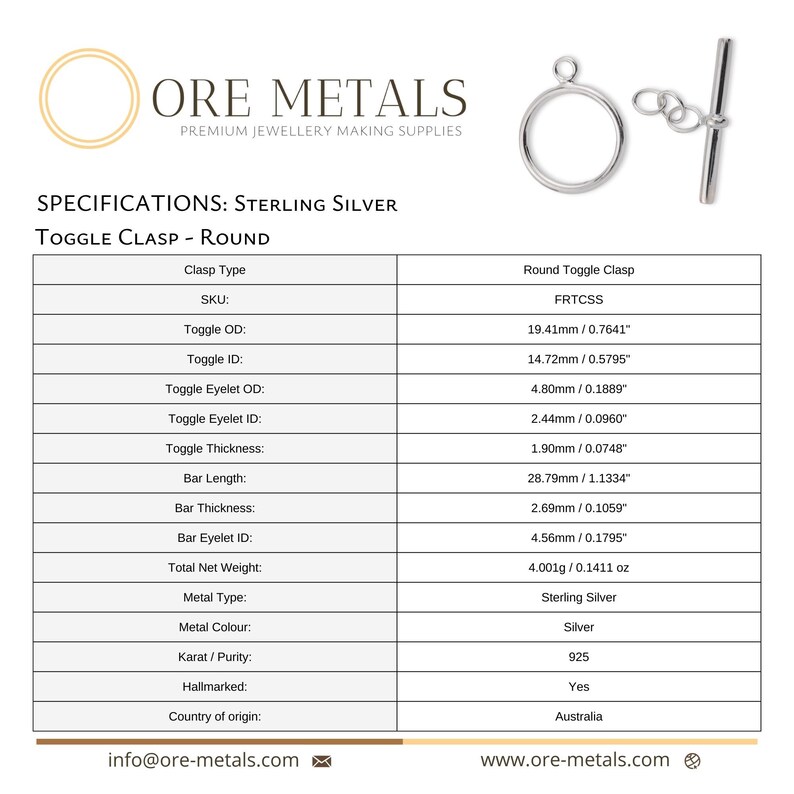 May include: Sterling silver round toggle clasp with a bar length of 28.79 mm (1.1334 inches) and a toggle diameter of 19.41 mm (0.7641 inches).