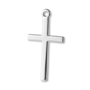 Puede incluir: Un colgante de cruz de metal plateado con una superficie lisa y sencilla, que incluye una anilla redondeada en la parte superior para su sujeción. La cruz presenta una barra vertical alargada cruzada por una barra horizontal más corta.