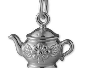 Solid 950 Platinum Ornate Teapot Charm - Objects & Trinket Charms - 950 Platinum Necklace, Bracelet and Earring Charm