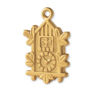 May include: A gold-colored pendant in the shape of a cuckoo clock. The clock features a detailed face, a small bird emblem, and decorative leaf accents. The pendant has a loop at the top for attaching to a chain or bracelet.