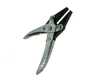 May include: Silver and black pliers, a hand tool for gripping and cutting. The silver handles have a textured pattern, and the jaws are black. A spring connects the handles. The tool is isolated on a white background.