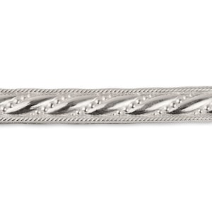 Könnte beinhalten: Ein silberner Metallbesatz mit einem seilartigen Design und kleinen Perlenakzenten.
