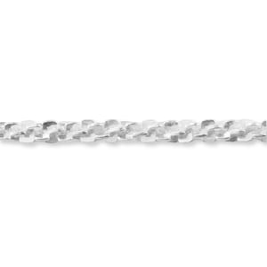 May include: A close-up of a silver chain with a textured, interlocking design. The chain is made of individual, rectangular links that connect to form a continuous strand. The chain is set against a white background.