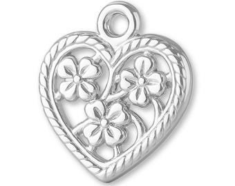 Solid 999 Pure Silver Floral Filigree Heart Charm - Love Charms - 999 Fine Silver Necklace, Bracelet and Earring Charm