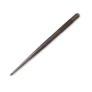 May include: A silver metal awl with a textured handle. The awl is a sharp, pointed tool used for piercing holes in leather or other materials.