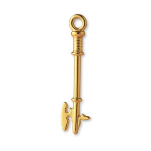 May include: A gold-colored key pendant with a loop at the top and a decorative handle. The key's bit has a unique, stylized design. The pendant is likely made of metal and is displayed against a white background.