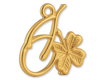 May include: A gold-colored pendant featuring the letter "A" in a cursive script, paired with a detailed four-leaf clover. The pendant has a loop at the top for easy attachment to a chain or bracelet. The clover has detailed leaf veins.