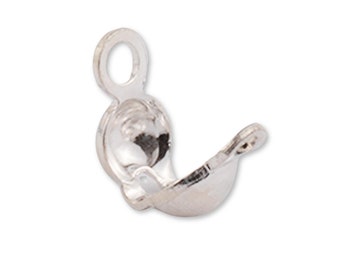 May include: A silver-toned metal bead tip or clamshell knot cover featuring a small, rounded cup-shaped body with a hinged design and a single loop at the top for attachment. The surface has a polished, reflective metallic finish.