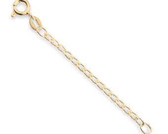 May include: A gold chain extender featuring a series of oval-shaped links connected in a row. One end of the chain terminates in a circular spring ring clasp, while the other end features a single small, round, closed jump ring.
