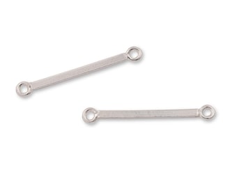 May include: Two silver-toned metal connector bars, each featuring a flat, rectangular central segment and a small circular loop at both ends. These components are designed with a smooth, metallic finish and are positioned diagonally.