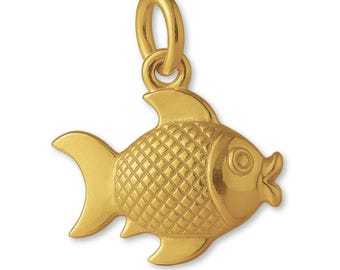 May include: A gold-toned fish charm pendant featuring a textured cross-hatch scale pattern on the body, a smooth tail, fins, and a circular eye. The pendant includes a small attached jump ring at the top for hanging on a chain or bracelet.