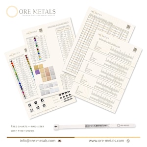 K&ouml;nnte beinhalten: Eine Sammlung von gedruckten Diagrammen und ein Ringma&szlig; von Ore Metals. Die Diagramme enthalten Edelstein-Farbtabellen, Metall-Farbtabellen und Informationen zur Ringgr&ouml;&szlig;enumrechnung. Das Ringma&szlig; ist wei&szlig; mit schwarzen Markierungen.