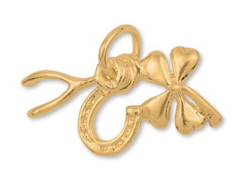 May include: A gold-colored charm featuring a wishbone, horseshoe, and four-leaf clover. The charm is designed with a loop for attaching to a necklace or bracelet. The clover has four distinct leaves.