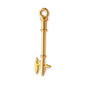 May include: A gold-colored pendant in the shape of a key. The key has a ring at the top, a ribbed section, and a decorative bottom. The pendant is likely made of metal and is displayed against a white background.