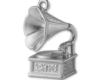 Solid 9ct White Gold Gramophone Record Player Charm - Vintage & Retro Charms - 9k / 375 White Gold Necklace, Bracelet and Earring Charm