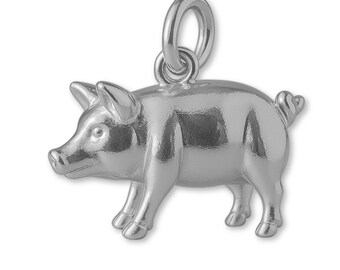 Solid 18ct White Gold Pot-Bellied Pig Charm - Animal Charms - 18k / 750 White Gold Charms for Necklaces, Bracelets and Earrings