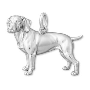 May include: A silver-colored pendant in the shape of a dog, likely a Vizsla, standing with its tail slightly raised. The pendant has a loop at the top for a chain. The dog is highly detailed, with visible features.