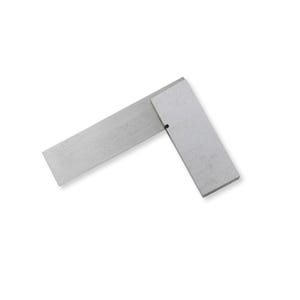 May include: A silver-coloured metal machinist square tool featuring two perpendicular blades joined at a ninety-degree angle. The tool has a brushed finish and a small notch visible at the inner corner where the two rectangular metal components meet.