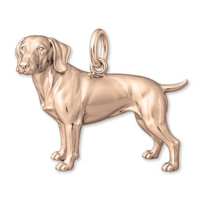 Op de afbeelding: Een roségouden hanger in de vorm van een hond, waarschijnlijk een Vizsla, staand met de staart omhoog. De hanger heeft een lus voor een ketting. De details van de hond zijn realistisch.