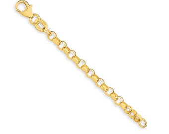 May include: A gold chain bracelet featuring a series of polished, rounded circular links connected in a uniform pattern. The bracelet includes a secure lobster claw clasp at one end and a small oval tag near the closure mechanism.