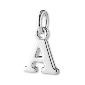 May include: A polished silver charm in the form of the letter "A". It features a loop for attaching to a chain. The letter is in a serif font and has a reflective surface. The charm is suitable for a necklace or bracelet.