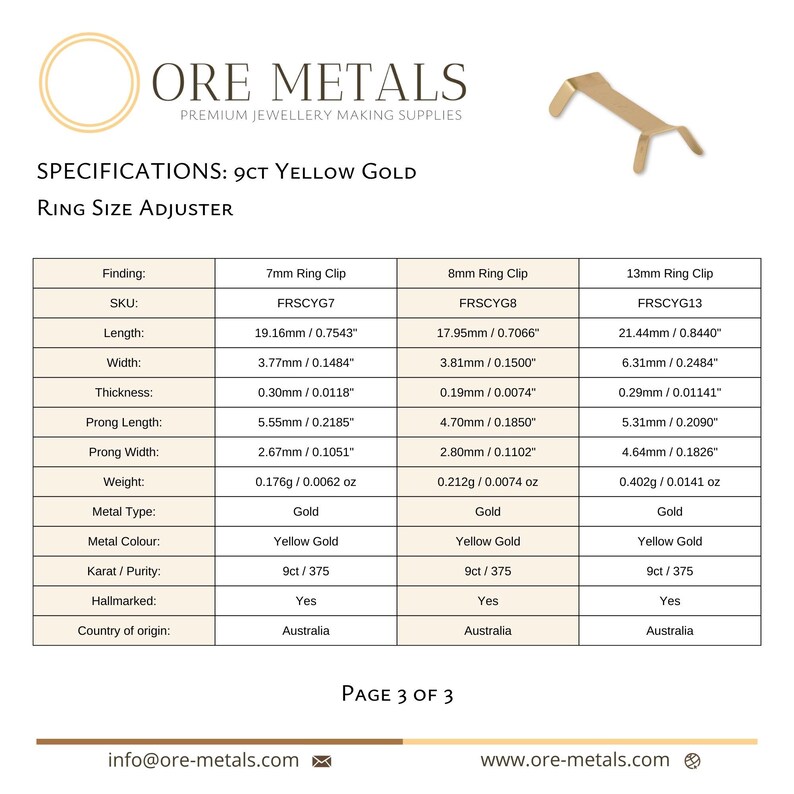 Puede incluir: Imagen de un ajustador de talla de anillo de oro amarillo de 9 quilates. La tabla de especificaciones incluye medidas en mm y gramos, detallando longitud, anchura, grosor y peso. El producto est&aacute; contrastado y es de Australia.