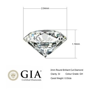 Puede incluir: Un diamante redondo brillante de 2 mm, con claridad SI y color GH, que pesa 0,03 quilates. El diamante se muestra con medidas de 2,04 mm por 1,19 mm. La imagen tambi&eacute;n incluye el logotipo de GIA y el texto "Diamantes certificados".