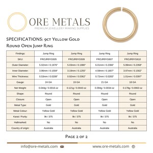 May include: A chart comparing different sizes of 9 karat yellow gold jump rings. The chart lists the SKU, outer diameter, inner diameter, wire thickness, gauge, net weight, shape, closure, metal type, metal color, karat/purity, hallmarked, and country of origin for each ring.