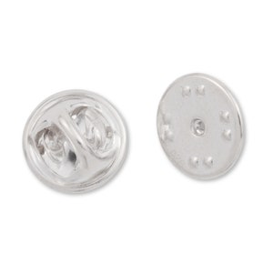 May include: Silver-toned metal pin back with a round, flat back and a circular, raised, metal pin on the front.