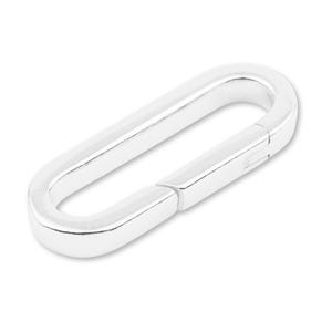 May include: A shiny, silver-colored oval carabiner clip. The clip has a smooth, reflective surface and a hinged gate for secure closure. The design is simple and modern, suitable for various uses.