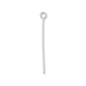 May include: Silver head pin with a loop at the top. The pin is straight and has a smooth finish.
