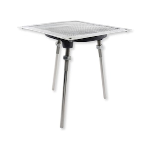 May include: A laboratory tripod stand featuring a square wire mesh top supported by three adjustable metal legs. Each leg is secured with a threaded nut, providing a stable base for heating equipment in a scientific or educational laboratory setting.