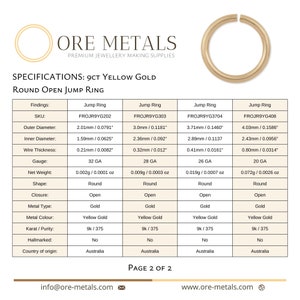 May include: Specifications for 9 karat yellow gold round open jump rings in various sizes. The table lists the SKU, outer diameter, inner diameter, wire thickness, gauge, net weight, shape, closure, metal type, metal color, karat/purity, hallmarked, and country of origin.